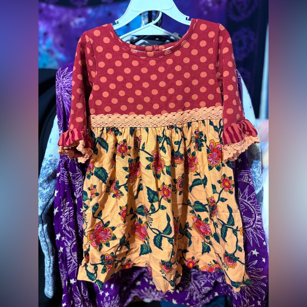 Matilda Jane “Be Clever” Dress Little Girl 4 EUC FLORAL & Polka Dots & Ruffles